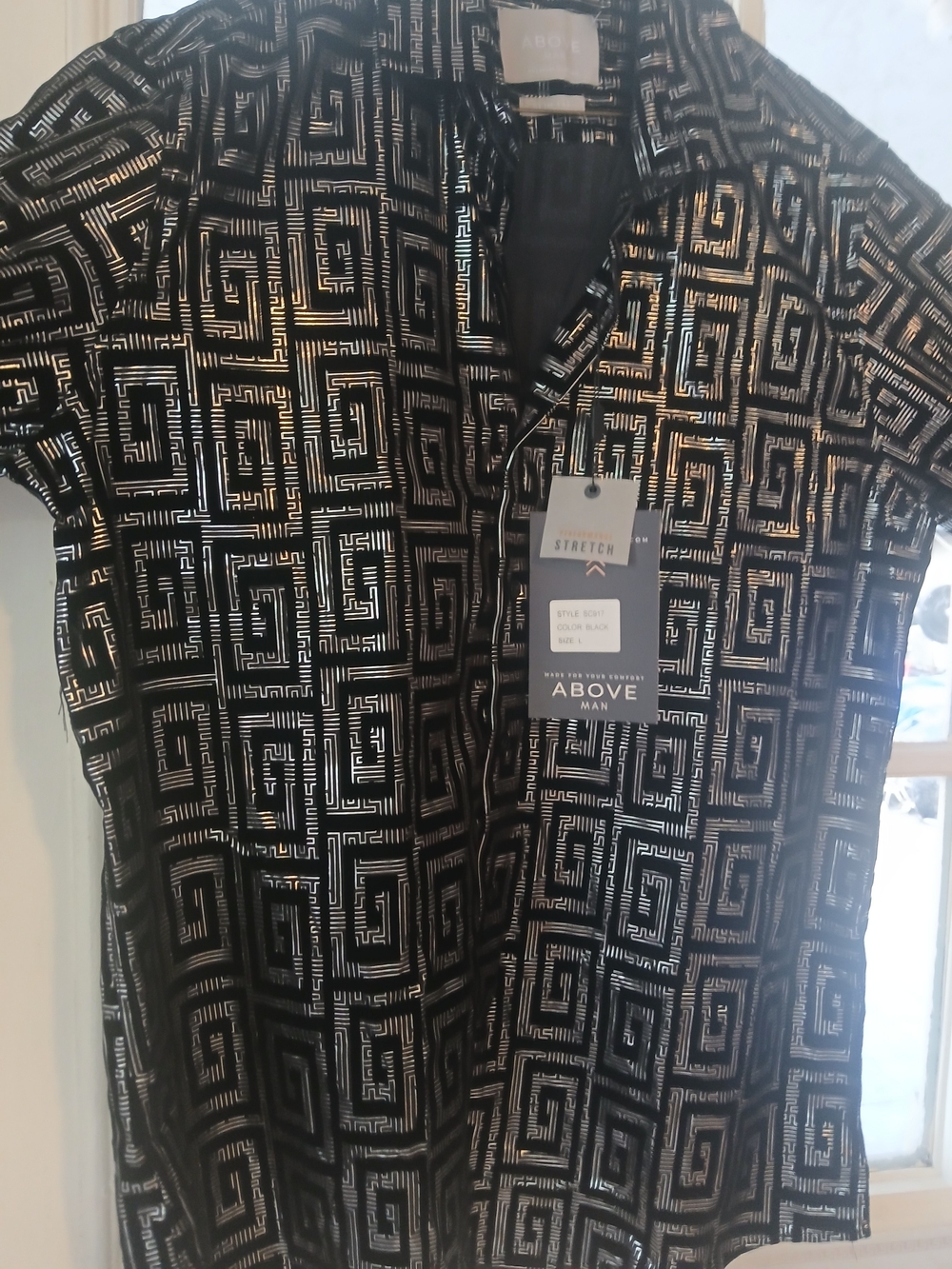 Men Black Metallic Luxury Greek  Button-Up Long Sleeve Shirt